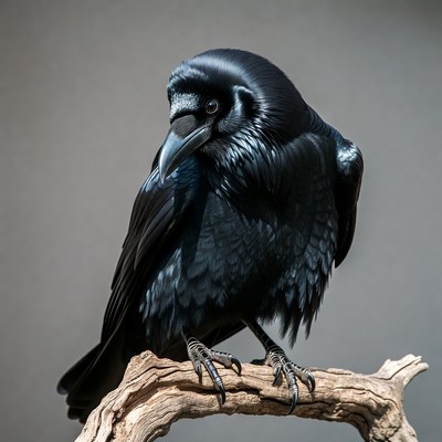 Black raven perched on branch