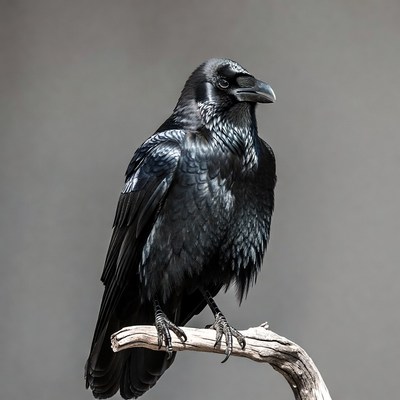 Raven perched on wooden branch