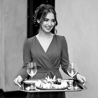 Woman holding cheese platter with wine glasses