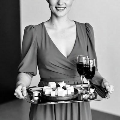 Woman holding cheese and wine tray