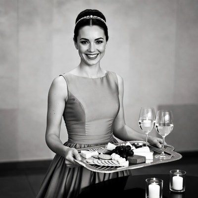 Woman serving cheese platter and wine