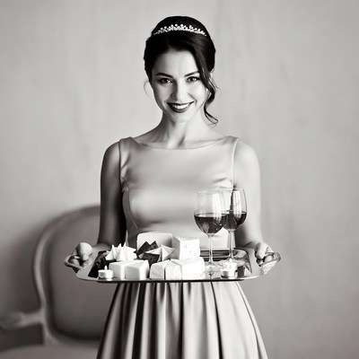 Woman holding cheese platter and wine glasses