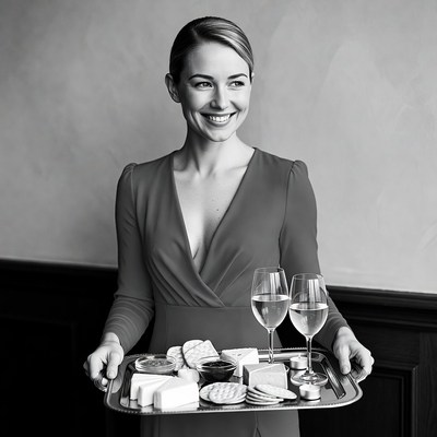 Woman holding cheese platter with wine glasses