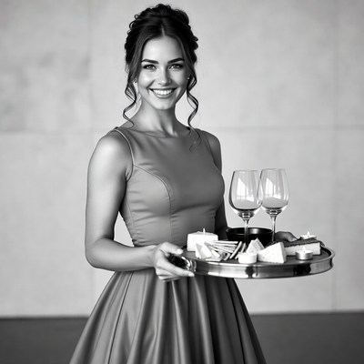 Woman holding tray with wine glasses