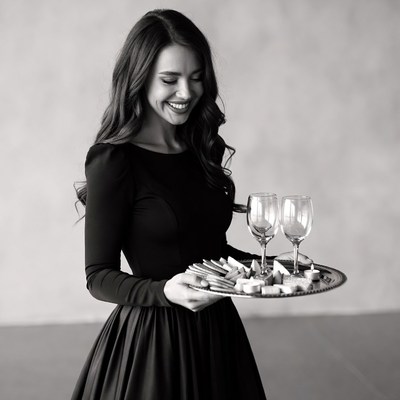 Woman holding tray with wine glasses