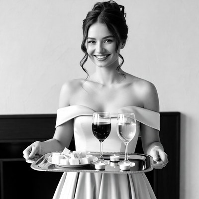 Woman holding tray with wine glasses