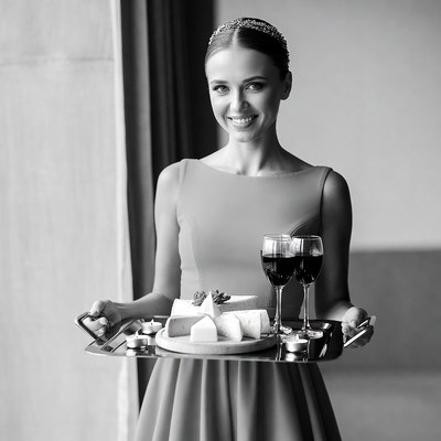Woman serving cheese and wine tray