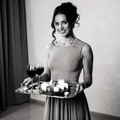 Woman holding tray of wine and cheese