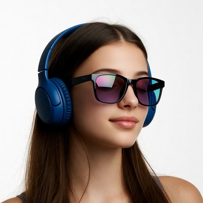 Woman wearing blue headphones sunglasses
