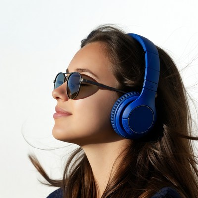 Woman wearing blue headphones sunglasses