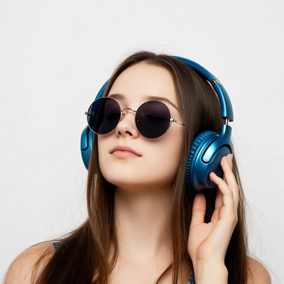 Woman wearing blue headphones sunglasses