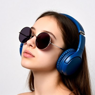 Woman wearing blue headphones sunglasses