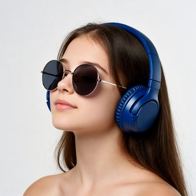 Girl wearing headphones and sunglasses