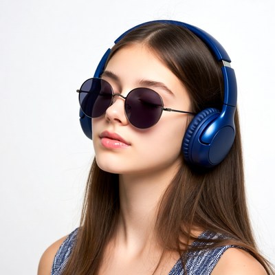 Girl wearing blue headphones and sunglasses