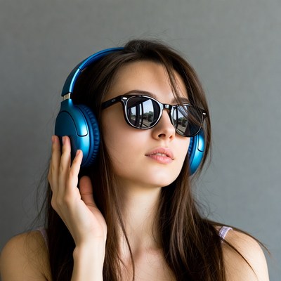 Woman wearing blue headphones and sunglasses