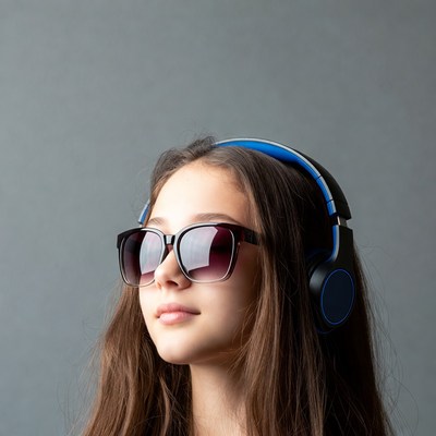 Girl wearing headphones and sunglasses