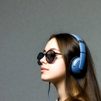 Young woman wearing headphones and sunglasses