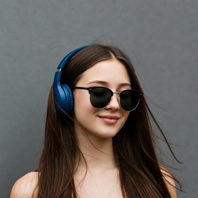 Woman wearing blue headphones and sunglasses