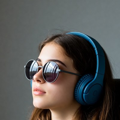Woman wearing headphones and sunglasses