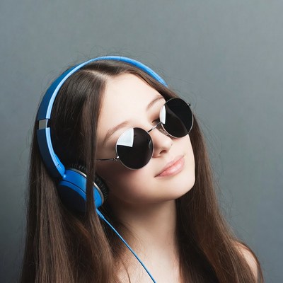 Girl wearing headphones and sunglasses