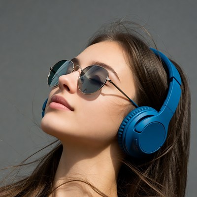 Woman wearing headphones and sunglasses