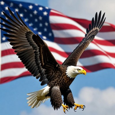 Bald Eagle Flying Over American Flag