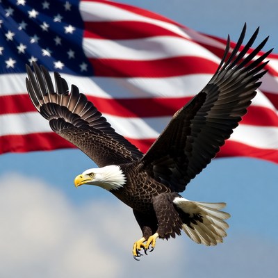 Bald Eagle Flying Over American Flag
