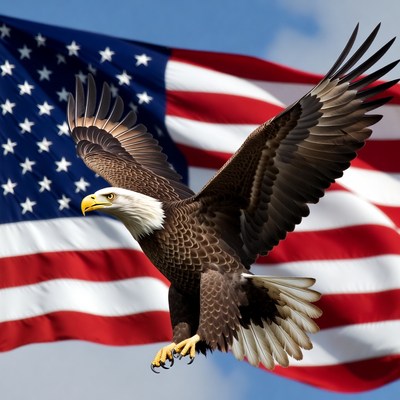 Bald Eagle Flying Over American Flag