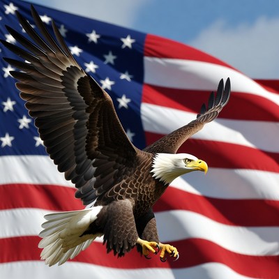Bald Eagle Flying Over American Flag
