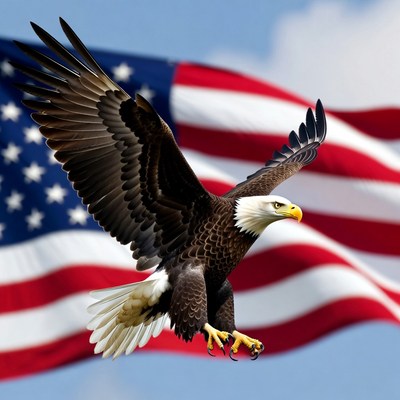 Bald eagle flying over American flag