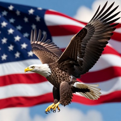 Bald Eagle Flying Over American Flag