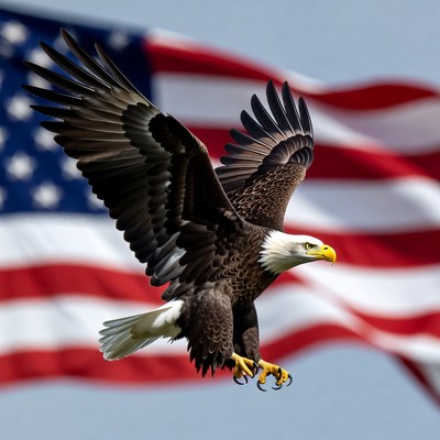 Bald Eagle Flying Over American Flag