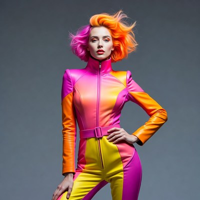 Woman in colorful pink orange jumpsuit