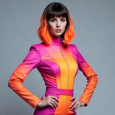 Woman in pink orange gradient jumpsuit