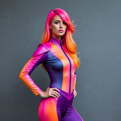 Woman in pink orange futuristic bodysuit