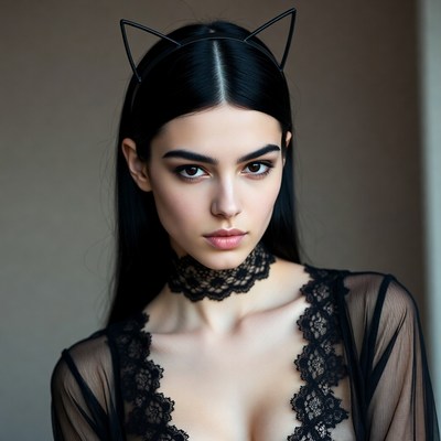 Woman with cat ears and lace lingerie