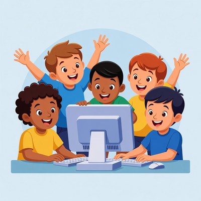 Boys using computer illustration