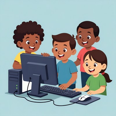 African-American children using computer