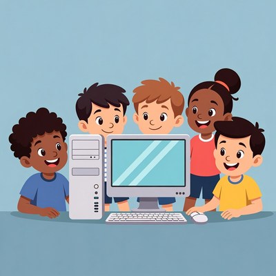 Diverse kids using computer illustration