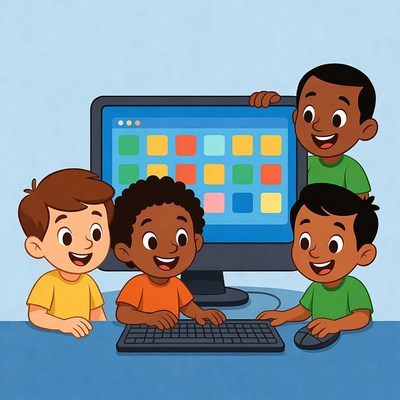 Four diverse boys using computer