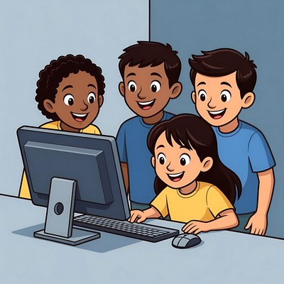 Diverse children using computer together