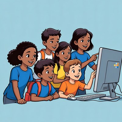 Diverse children gathered around computer
