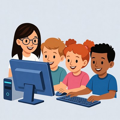 Teacher and students using computer