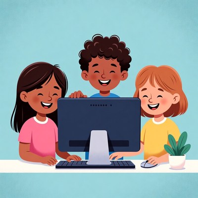 Three kids using computer illustration
