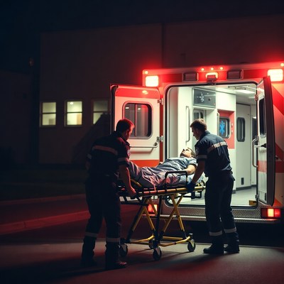 Paramedics wheeling patient into ambulance