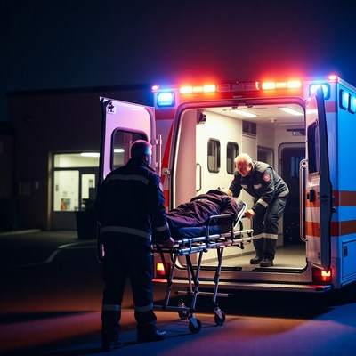 Paramedics loading patient into ambulance at night