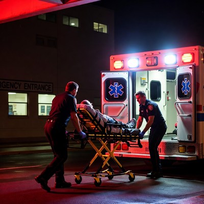 Paramedics Wheeling Patient into Ambulance