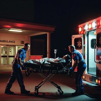 Paramedics Wheeling Patient into Ambulance