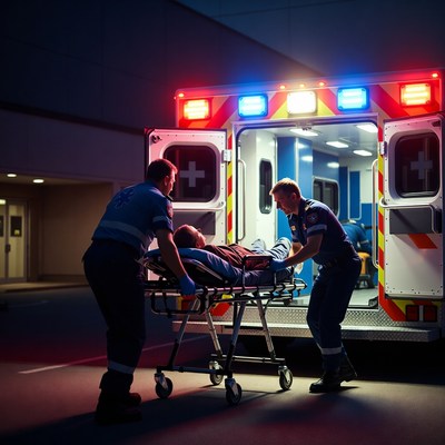 Paramedics Wheeling Patient into Ambulance