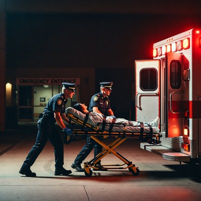 Paramedics Wheeling Patient into Ambulance